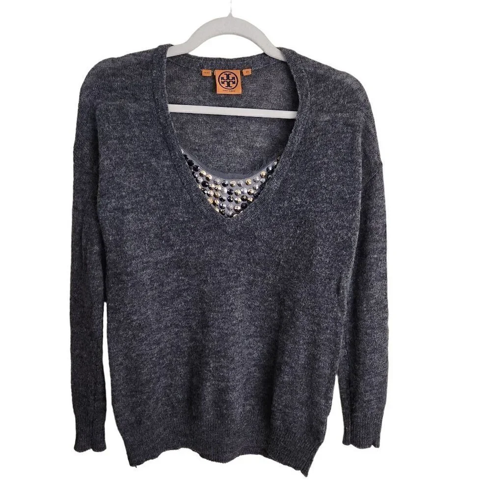 Tory Burch Gamma Sweater Gray Alpaca Blend Removable Studded Neckline Size XS